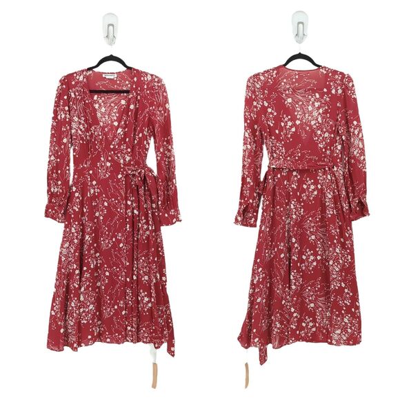 REFORMATION Women L Susanna Dress Bryce Red Floral Wrap Midi V Neck NEW